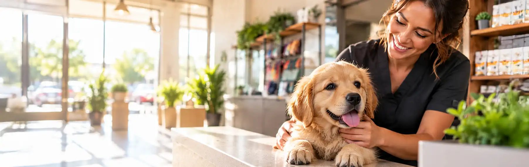 A Petland team member smiling as she holds a golden retriever puppy on the store counter